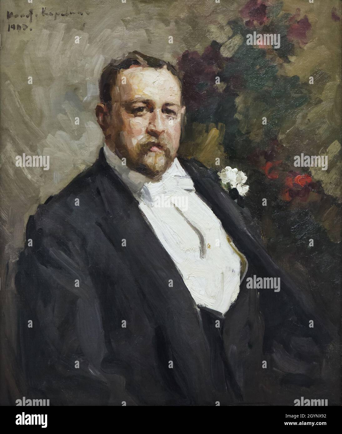 Painting 'Portrait of Ivan Abramovich Morozov' by Russian Impressionist painter Konstantin Korovin (1903) on display at the exhibition 'Icons of Modern Art from the Morozov Collection' in the Fondation Louis Vuitton in Paris, France. Ivan Abramovich Morozov was a Russian art collector owned one of the best collections of French modernist art in the world. The exhibition devoted to the Morozov Collection runs till 22 February 2022. Stock Photo