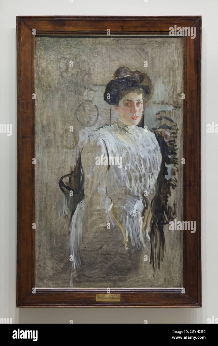 Unfinished painting 'Portrait of Margarita Kirillovna Morozova' by Russian Impressionist painter Valentin Serov (1910) on display at the exhibition 'Icons of Modern Art from the Morozov Collection' in the Fondation Louis Vuitton in Paris, France. Margarita Kirillovna Morozova, née Mamontova (1873-1958) was a wife of Russian art collector Mikhail Abramovich Morozov. The exhibition devoted to the Morozov Collection runs till 22 February 2022. Stock Photo