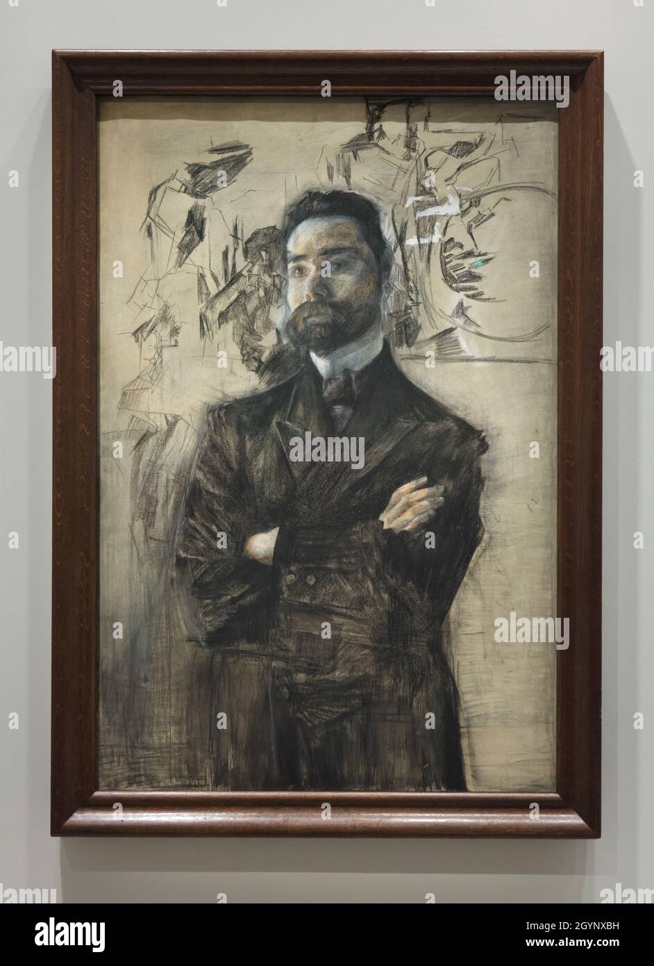 Coal and chalk drawing 'Portrait of Poet Valery Bryusov' by Russian modernist artist Mikhail Vrubel (1906) on display at the exhibition 'Icons of Modern Art from the Morozov Collection' in the Fondation Louis Vuitton in Paris, France. The exhibition runs till 22 February 2022. Stock Photo