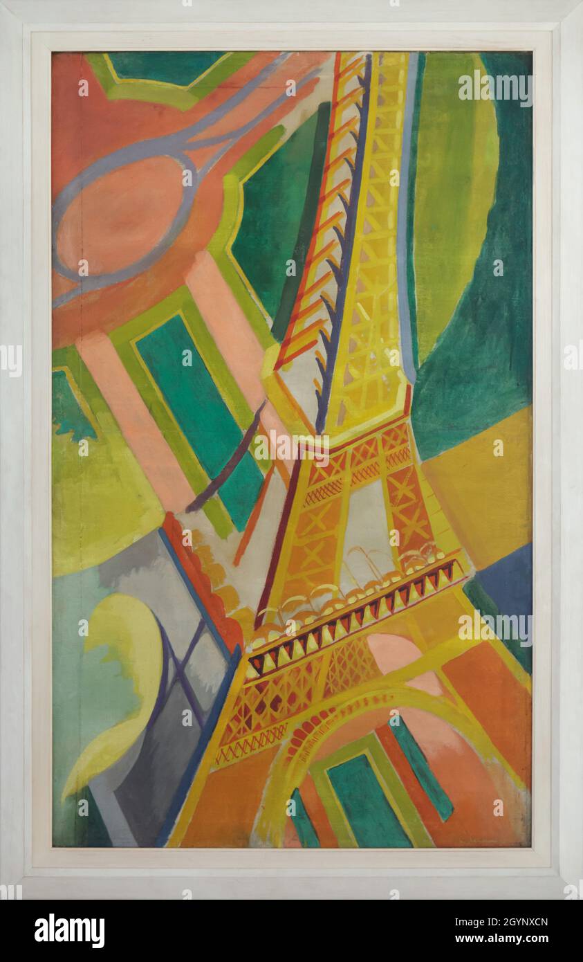 Painting 'Eiffel Tower' by French modernist painter Robert Delaunay (1926) on display in the Museum of Modern Art (Musée d'Art Moderne de Paris) in Paris, France. Stock Photo