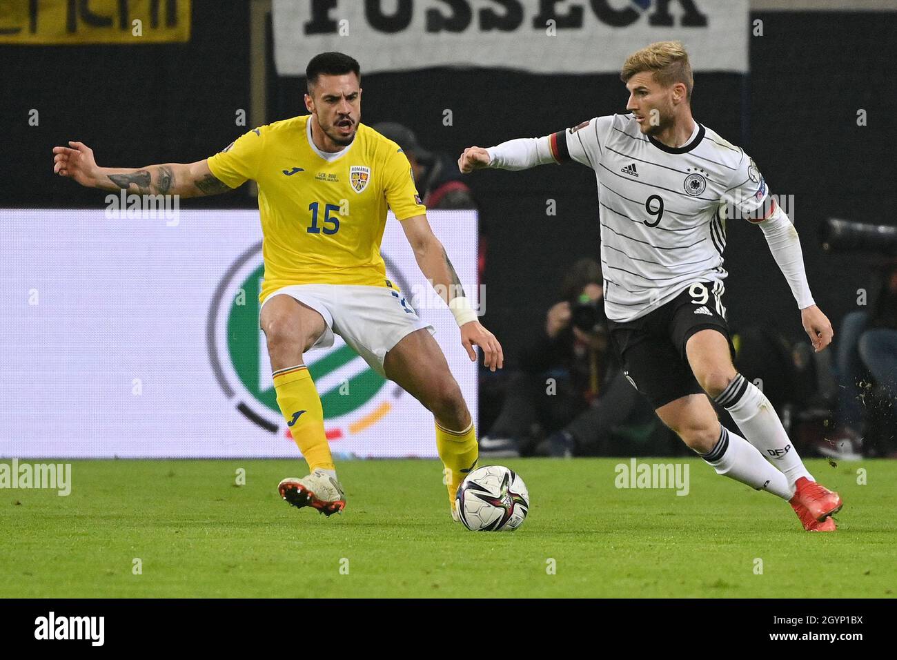 Hamuburg Germany 8th Oct 21 Timo Werner R Of Germany Vies With Andrei Burca Of Romania During The Fifa World Cup Qatar 22 European Qualifiers Group J Football Match Between Germany And