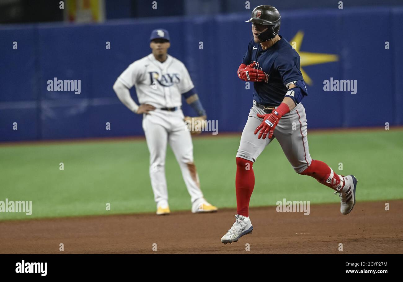 St. Petersburg, United States. 08th Oct, 2021. Boston Red Sox's Kiki  Hernandez gestures toward his dugout after hitting a solo home run off  Tampa Bay Rays reliever Collin McHugh during the fifth