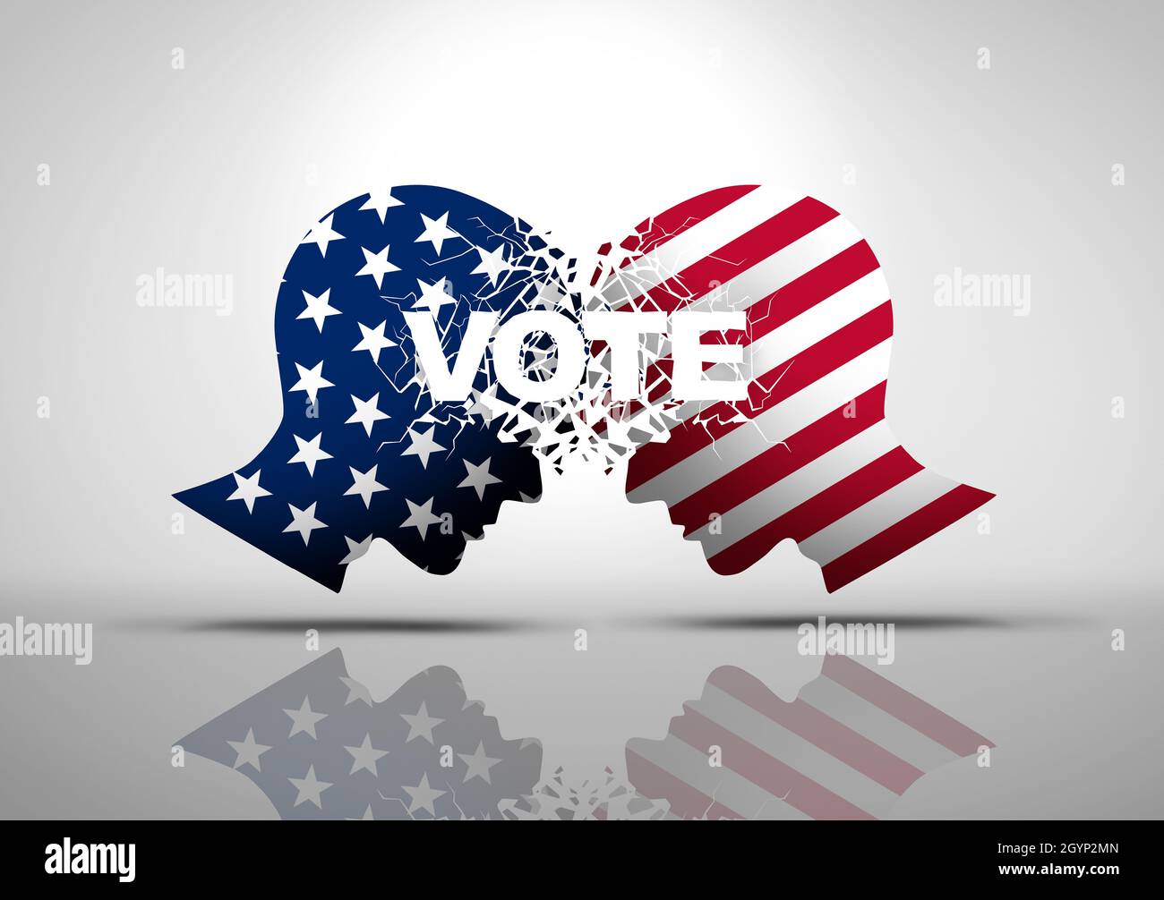 United States election politics and US vote debate or political voting war as an American culture conflict with two opposing sides as conservative. Stock Photo