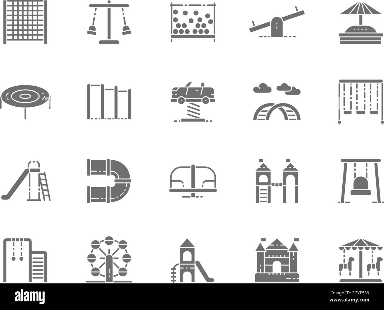 Set of Playground Grey Icons. Climbing Rope Net, Swing, Double Seesaw and more. Stock Vector