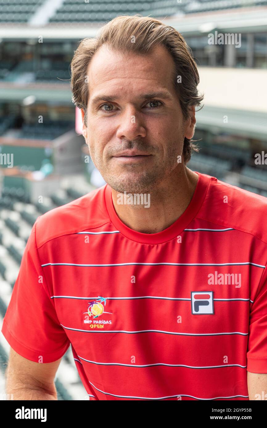 Indian Wells, USA. 08th Oct, 2021. Tommy Haas, former tennis pro, sits in  the stadium at the Masters Tournament in Indian Wells. Haas is the  tournament director there. Credit: Maximilian Haupt/dpa/Alamy Live