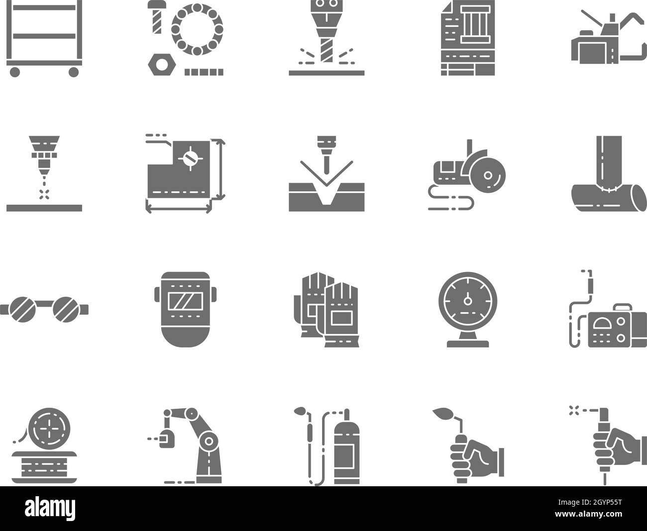 Set of Welding Grey Icons. Spot Machine, Washers, Bolts, Blowtorch and more. Stock Vector