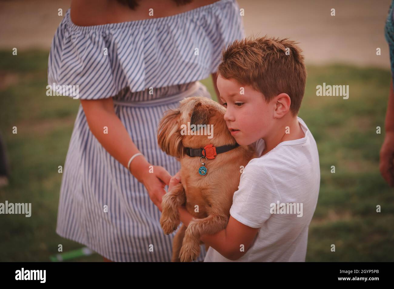 Little boy holding Brussels Griffon dog with woman close by Stock Photo