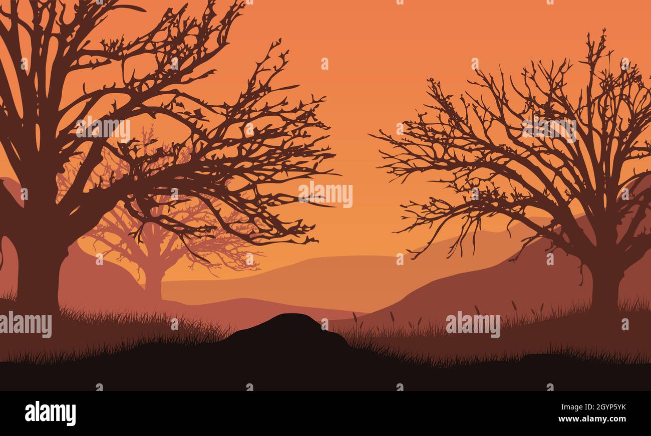 Pdusk Vector Panorama of the mountains with an aesthetic silhouette of dry trees ...