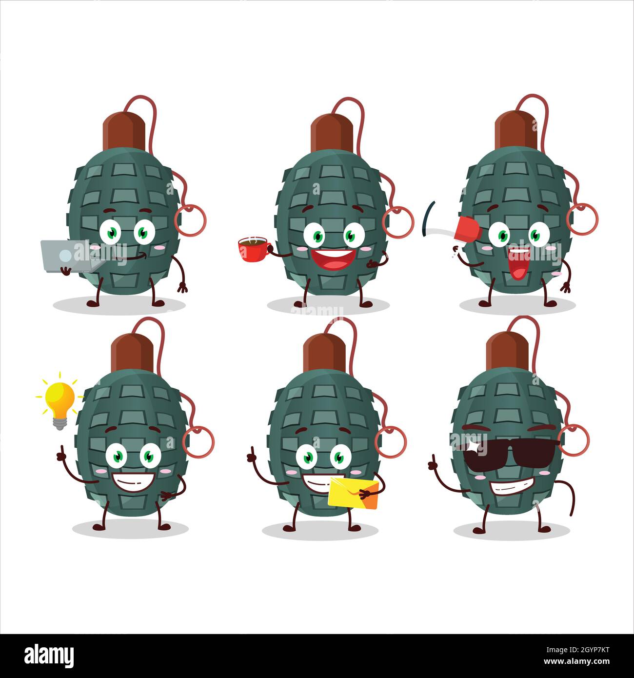 Granade firecracker cartoon character with various types of business emoticons. Vector illustration Stock Vector