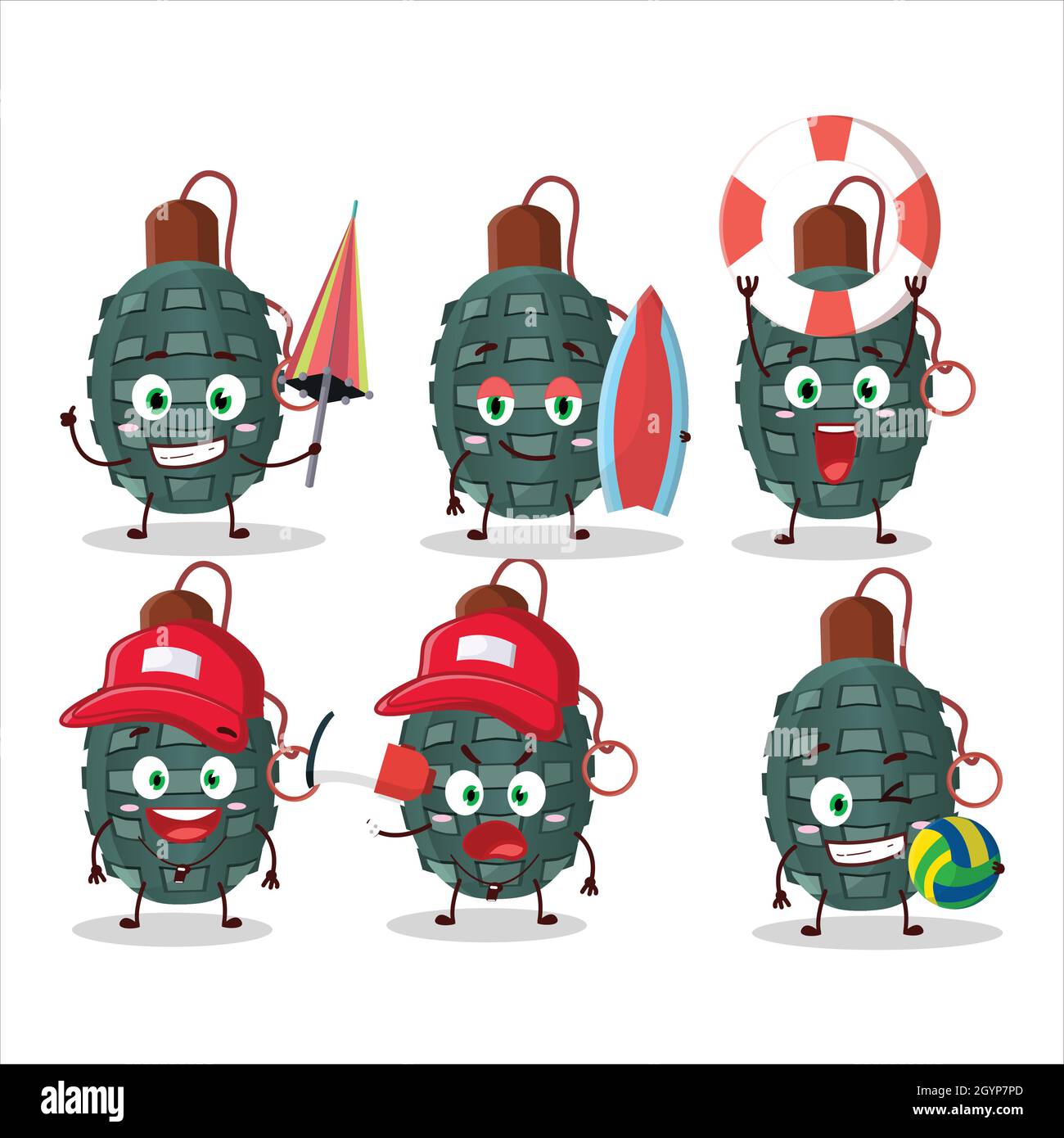Happy Face granade firecracker cartoon character playing on a beach. Vector illustration Stock Vector