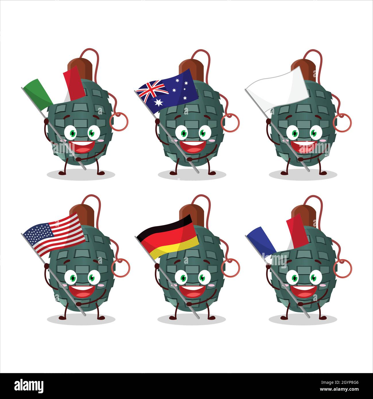 Granade firecracker cartoon character bring the flags of various countries. Vector illustration Stock Vector