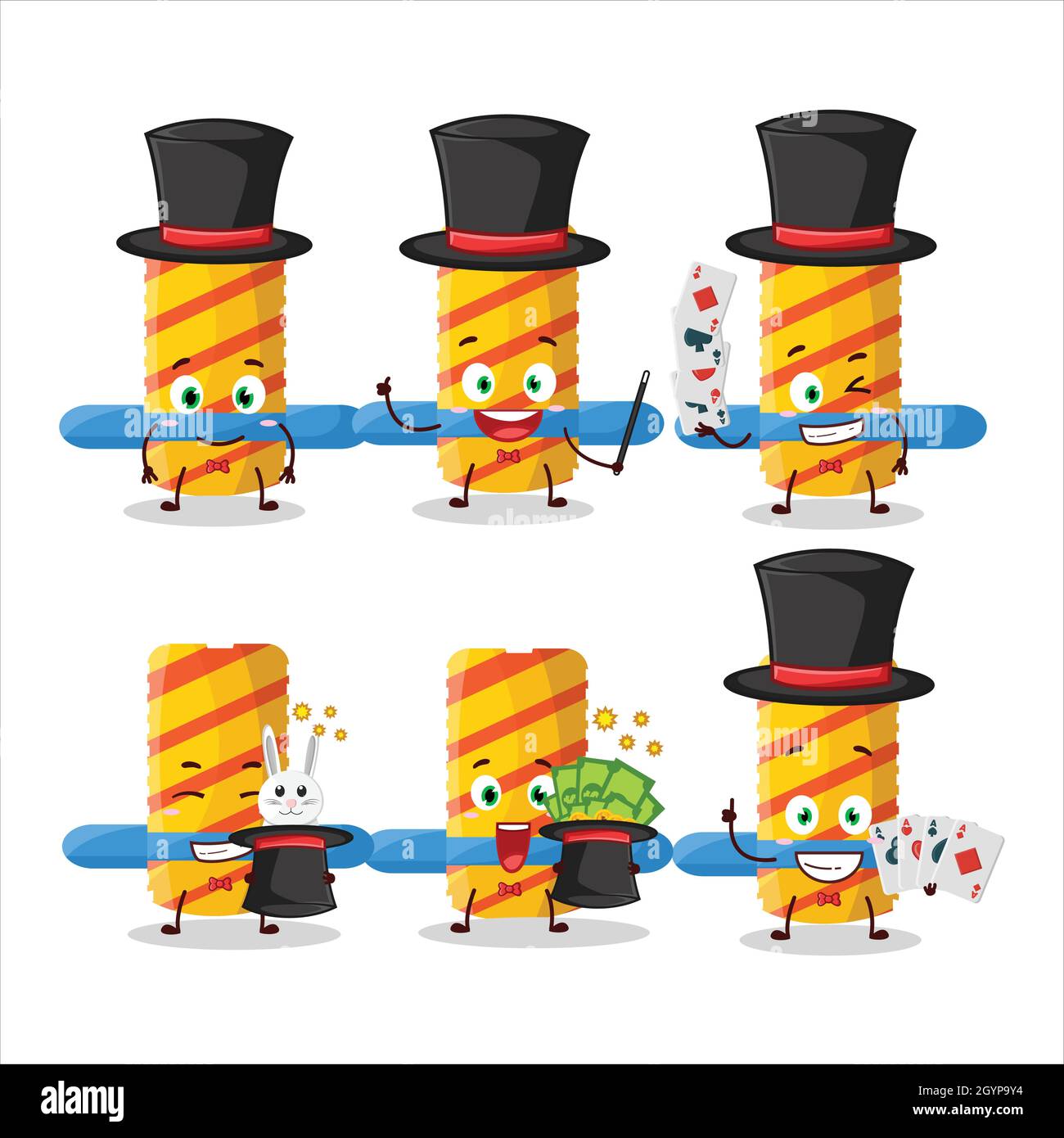 A firework spinner Magician cartoon character perform on a stage. Vector illustration Stock Vector