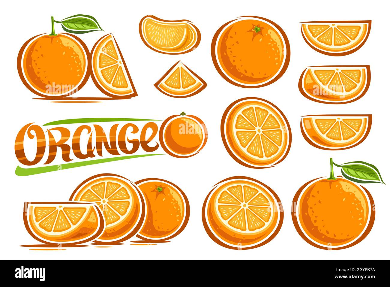 Vector Oranges Set, lot collection of cut out illustrations fruit still life compositions with vitamin c, cartoon design sliced natural oranges with g Stock Vector