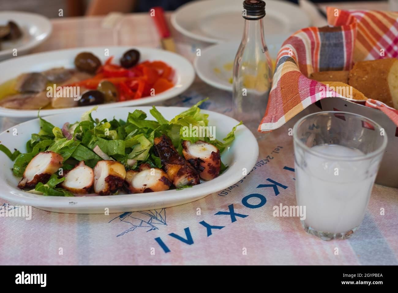 seafood appetizers in Greek tsipouro restaurant ouzo, octopus, fish, squid, olives