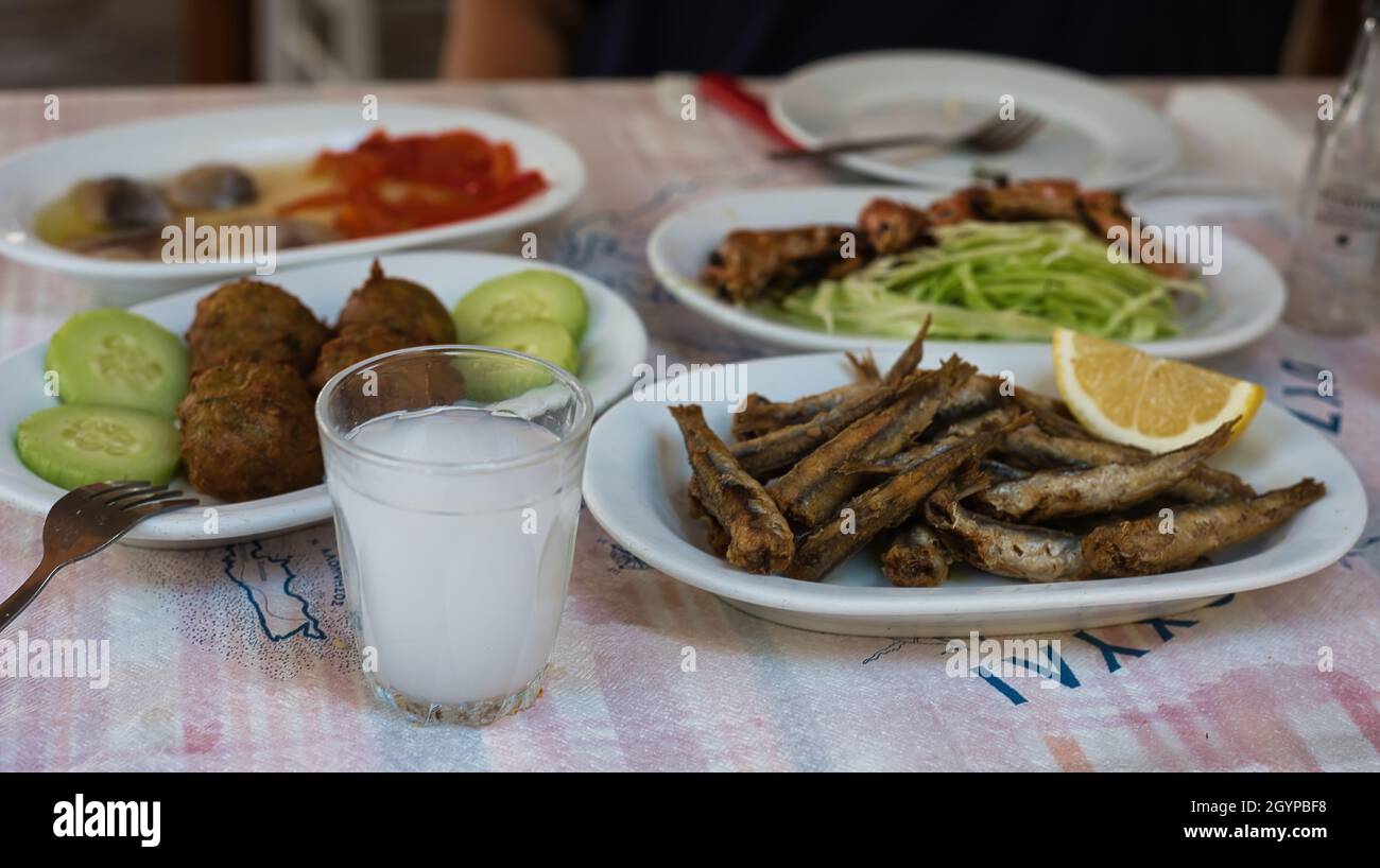 seafood appetizers in Greek tsipouro restaurant ouzo, octopus, fish, squid, olives