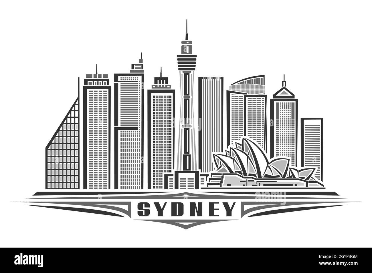 Vector illustration of Sydney, monochrome horizontal poster with linear design famous sydney city scape, urban line art concept with unique decorative Stock Vector