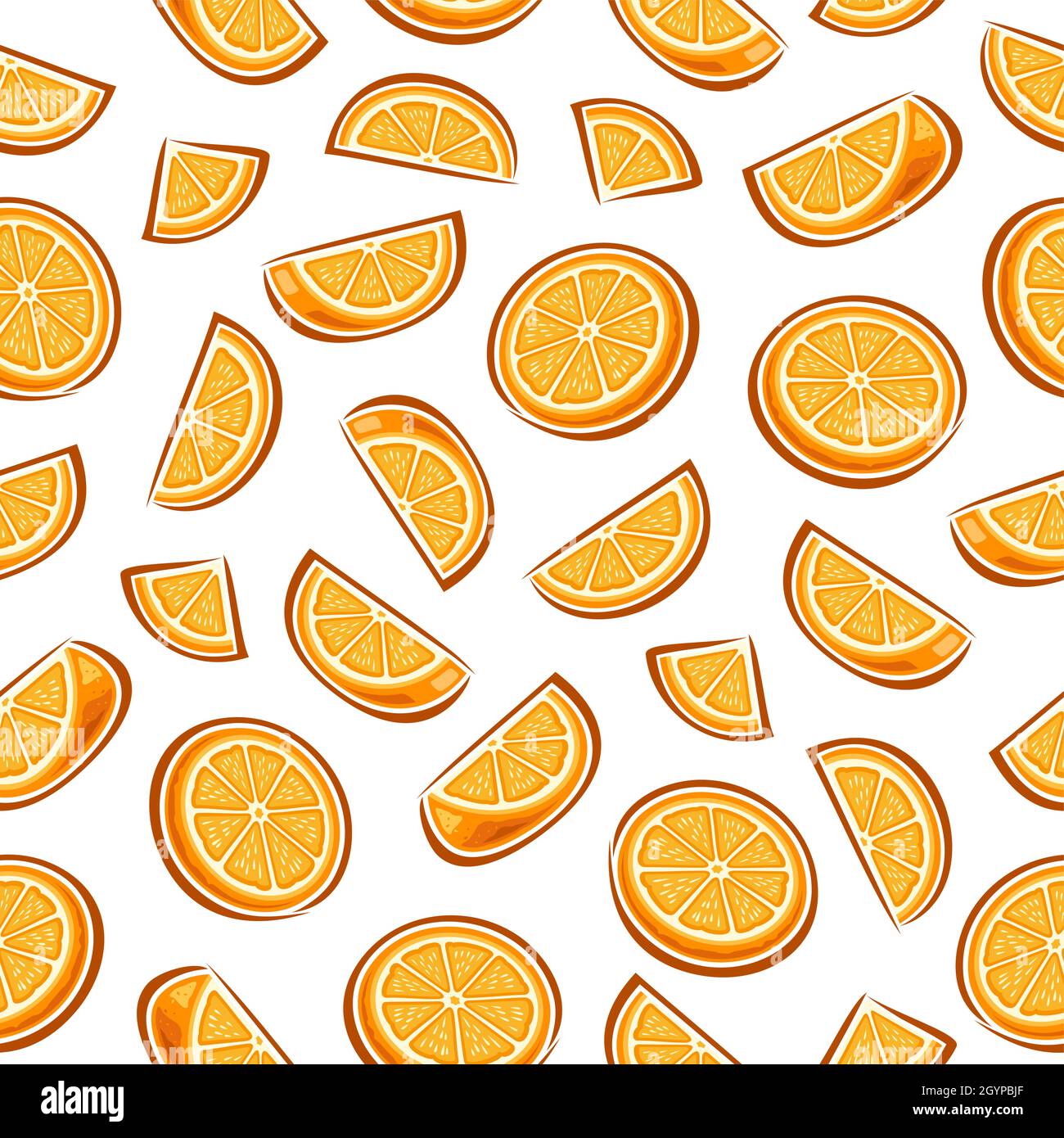 Vector Orange Seamless Pattern, square repeating background with group of sliced cartoon oranges, poster with cutout illustrations of different ripe c Stock Vector