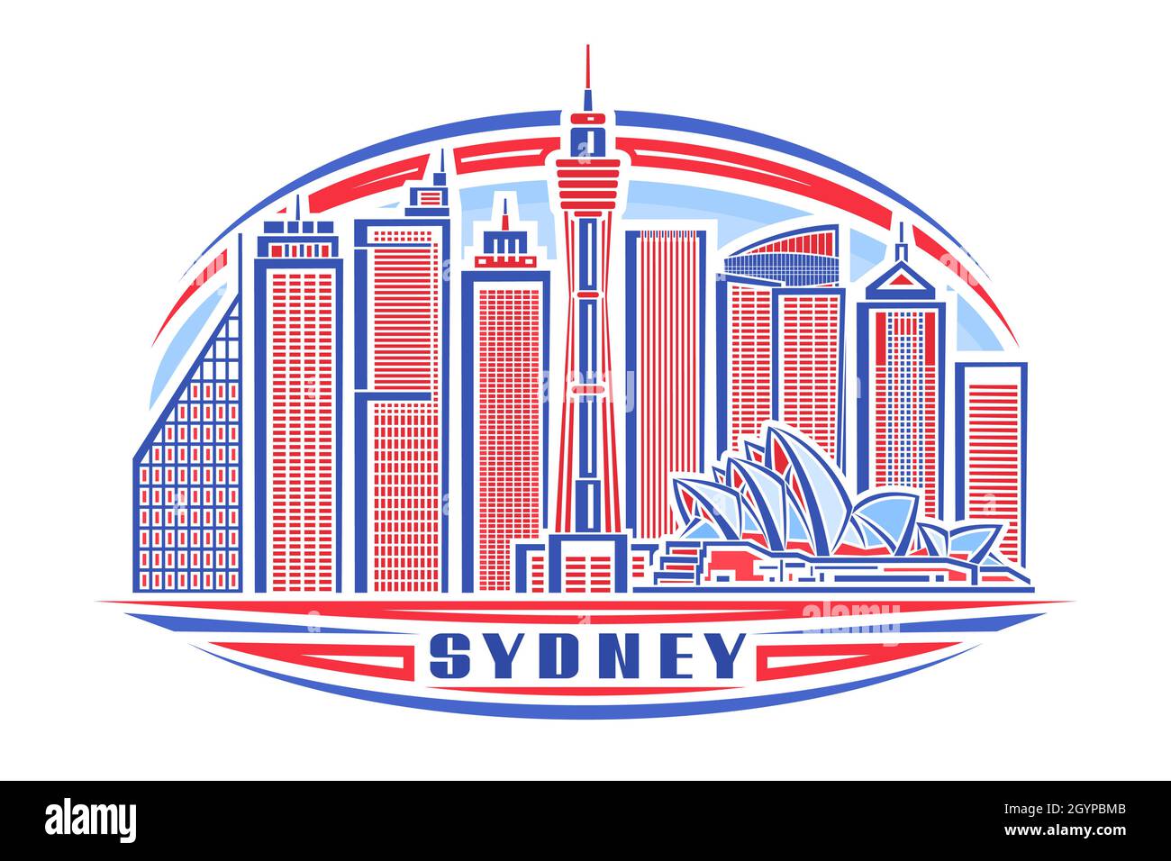 Vector illustration of Sydney, horizontal poster with linear design oceania sydney city scape on day sky background, urban line art concept with decor Stock Vector