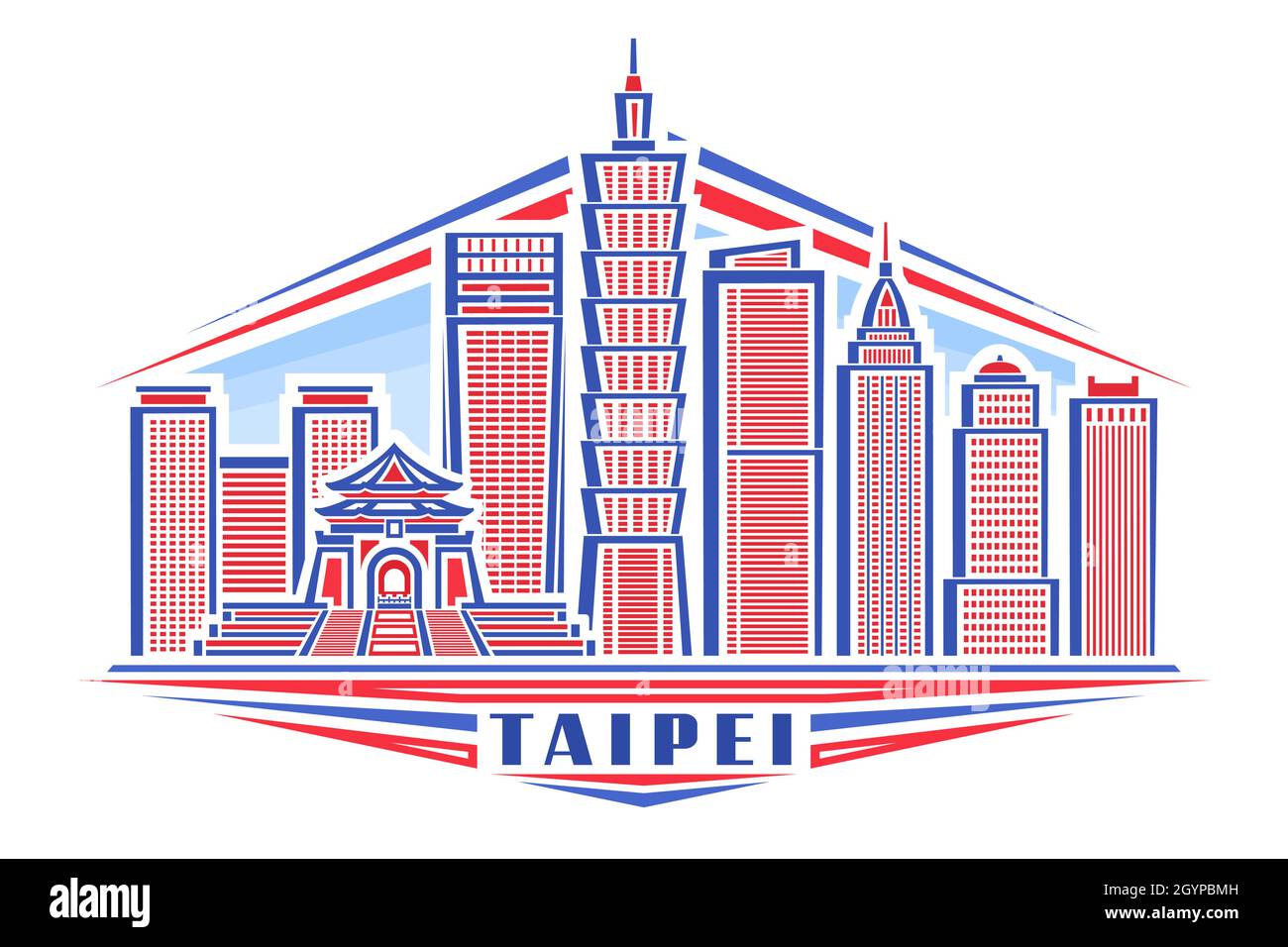 Vector illustration of Taipei, horizontal poster with linear design taipei city scape on day sky background, outline urban line art concept with decor Stock Vector