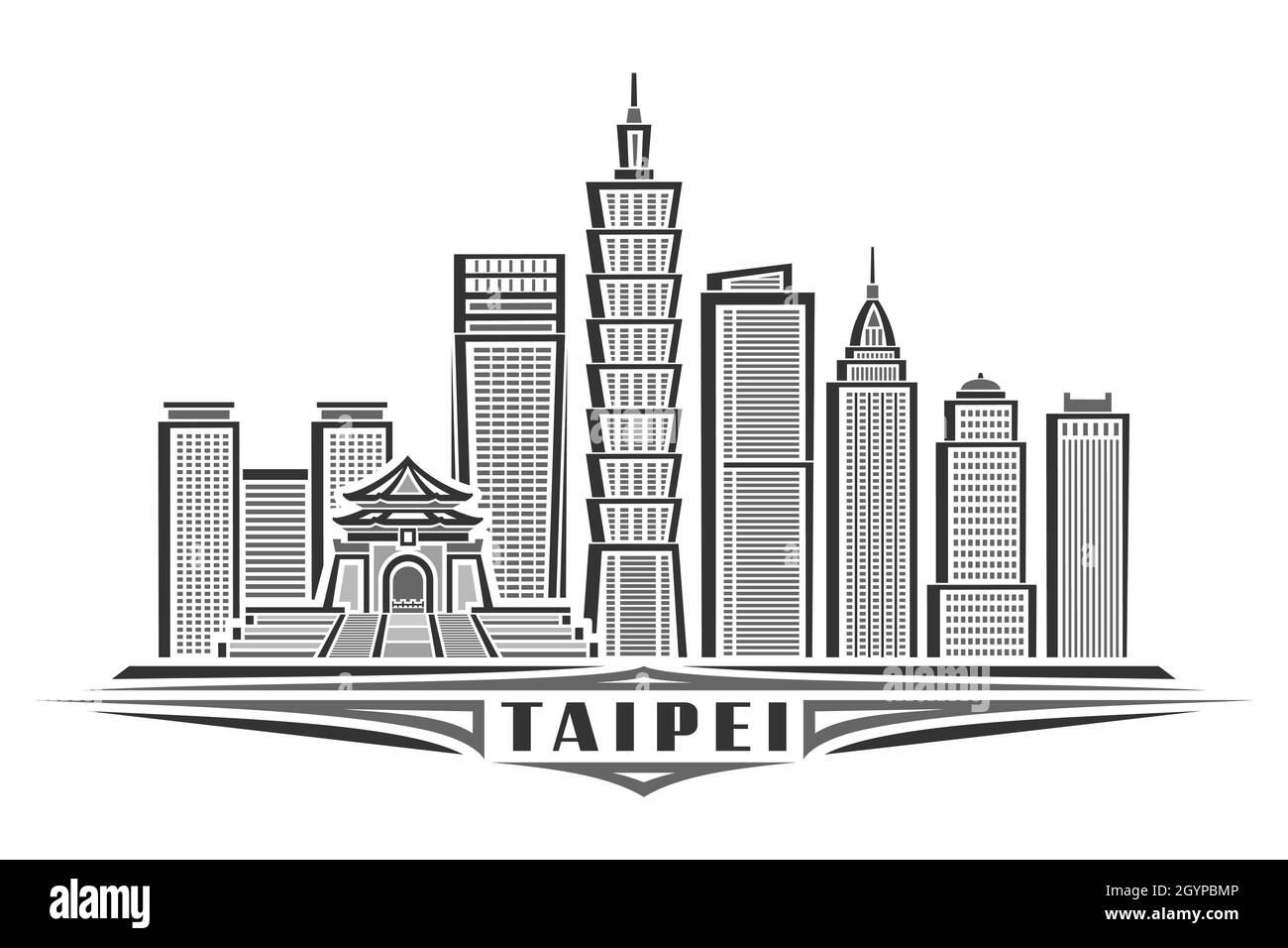 Vector illustration of Taipei, monochrome horizontal poster with linear design famous taipei city scape, urban line art concept with unique decorative Stock Vector