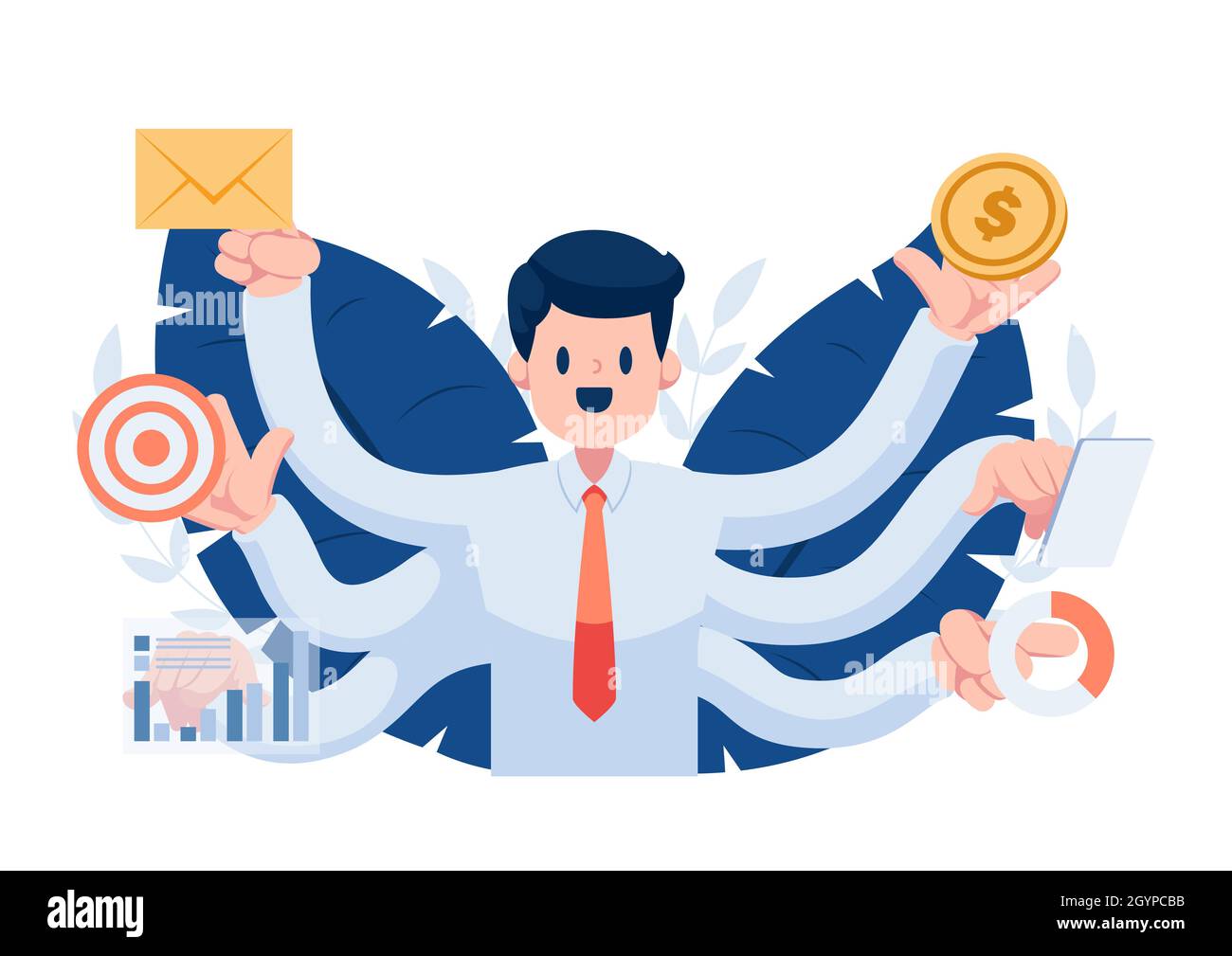 Businessman with Many Hands Doing many Work Simultaneously. Multitask at Work and Efficient Problem Management Concept Stock Vector