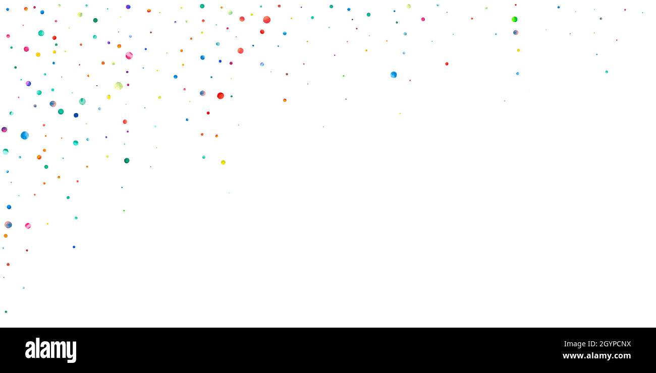 Watercolor confetti on white background. Adorable rainbow colored dots. Happy celebration wide colorful bright card. Divine hand painted confetti. Stock Photo