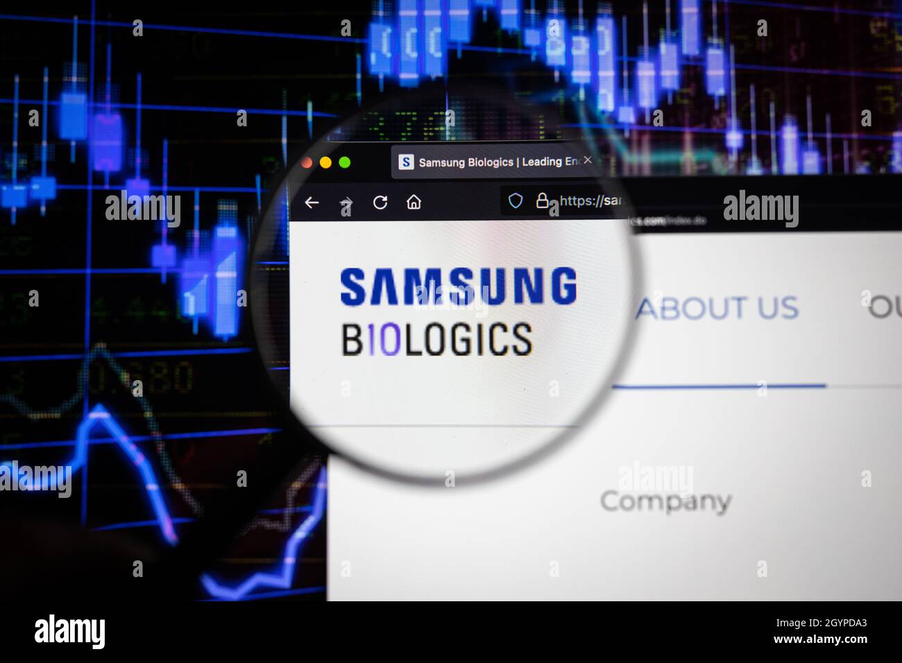 Samsung Biologics company logo on a website with blurry stock market