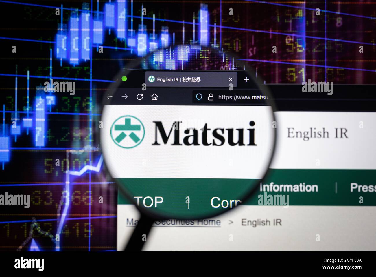 Matsui company logo on a website with blurry stock market graphs in the background, seen on a computer screen through a magnifying glass. Stock Photo