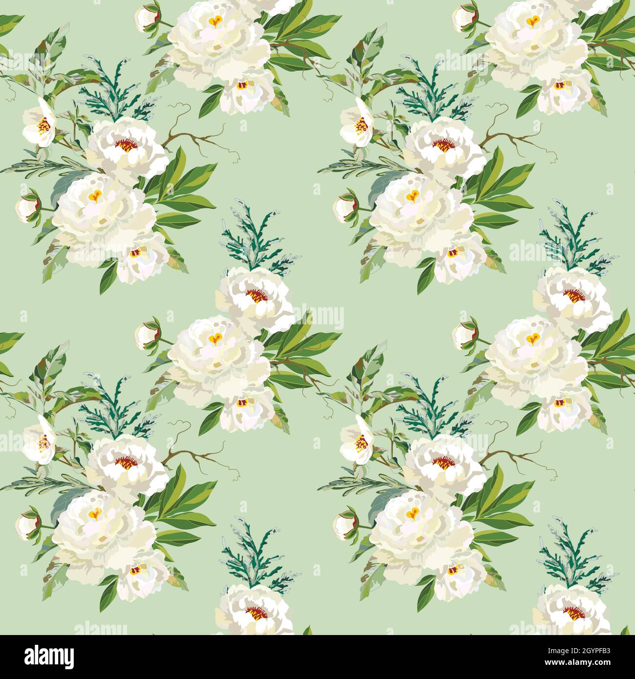 Seamless floral pattern with white peonies and decorative herbs. Vector ...