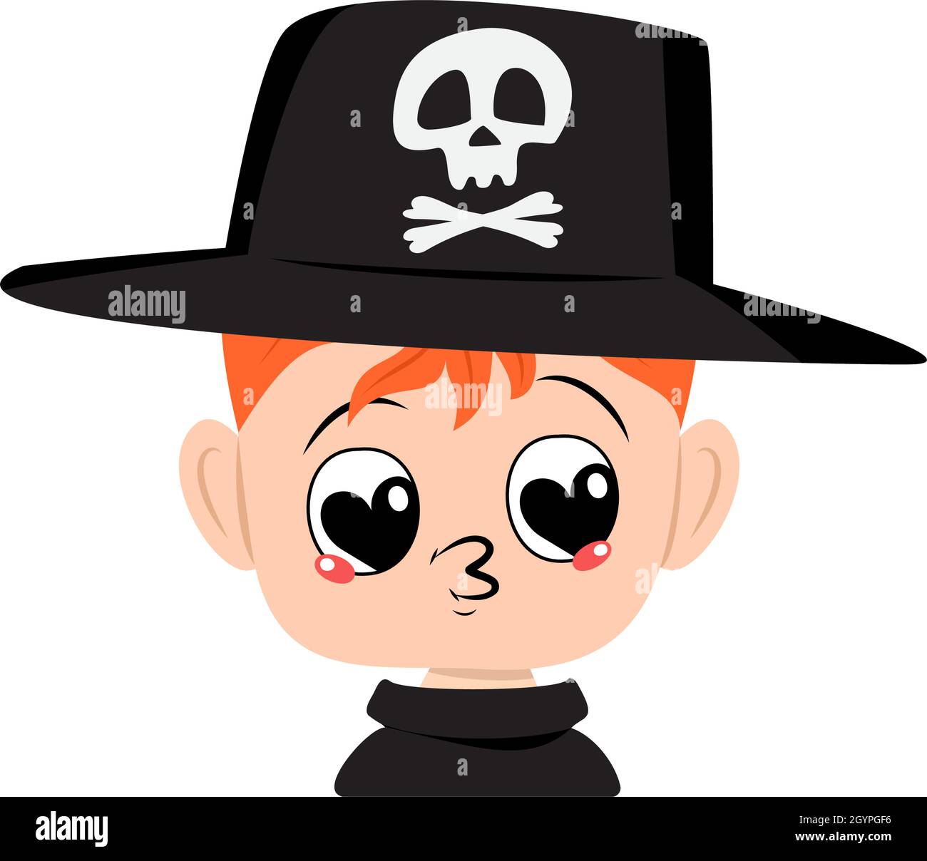 Avatar of boy with red hair, big heart eyes and kiss lips in hat with skull. Cute kid with loving face in carnival costume. Halloween party decoration. Head of adorable child Stock Vector