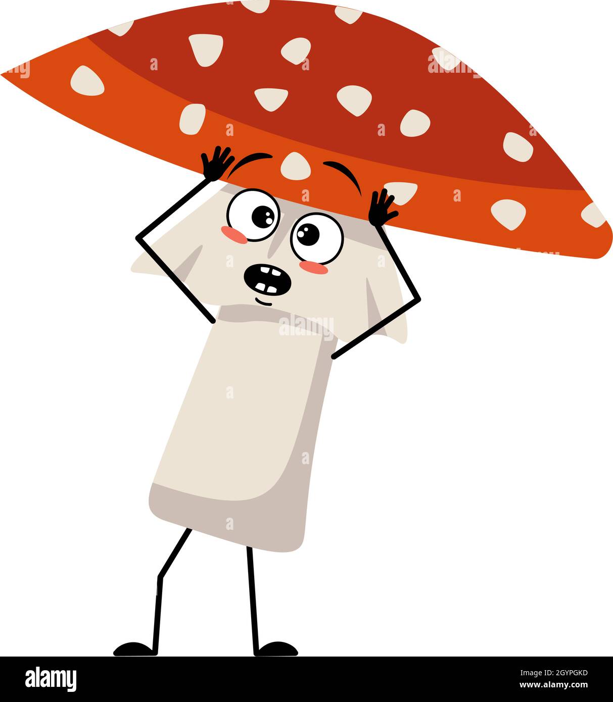Cute amanita character with emotions in panic grabs his head, surprised face, shocked eyes, arms and legs. Fly Agaric Mushroom from forest with terrified expression Stock Vector