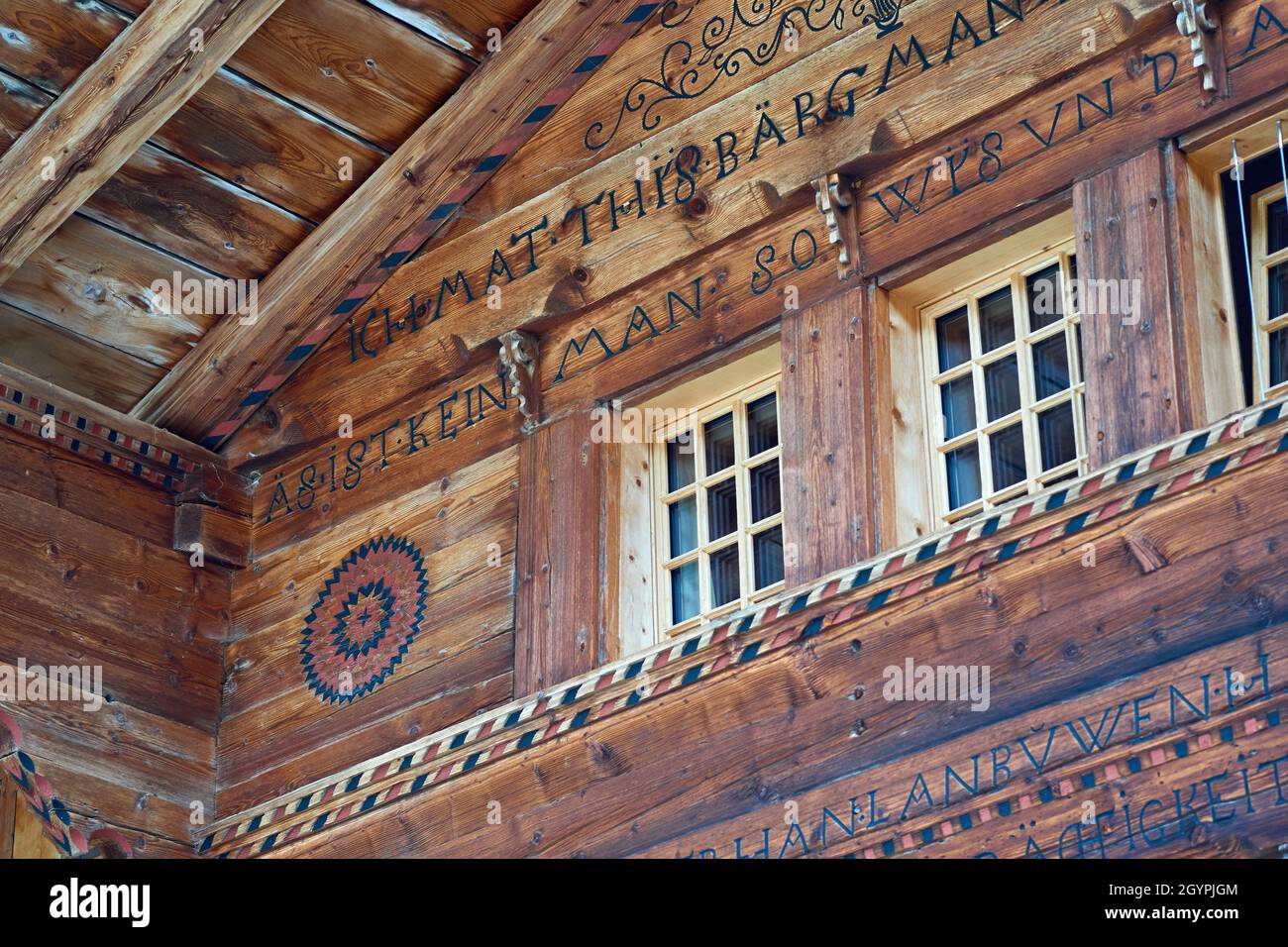 Swiss chalet decorations in famous Simmental, Berner Oberland, Switzerland Stock Photo