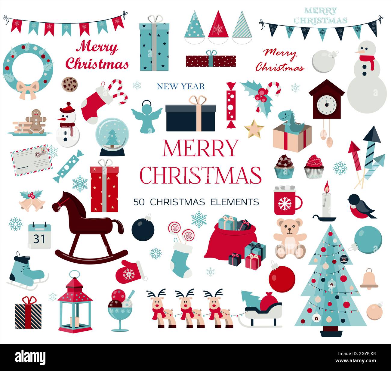 Huge set of Christmas icons and elements. Fifty Christmas images for decorating cards, ads, banners, flyers, and invitations. Cute illustrations in Stock Vector
