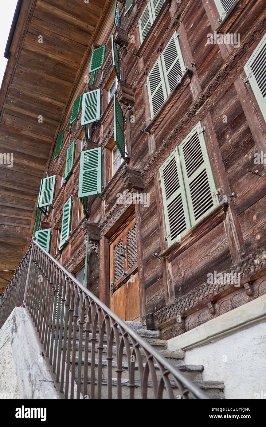 Swiss chalet and stairway - Simmental, Berner Oberland, Switzerland ...