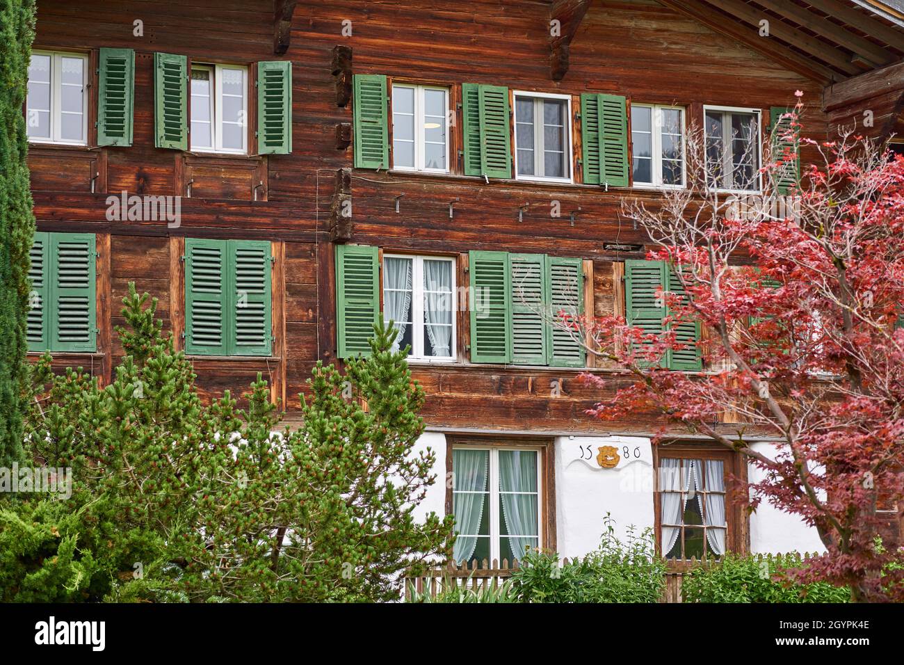 Closeup of a Swiss chalet - Simmental, Berner Oberland, Switzerland Stock Photo