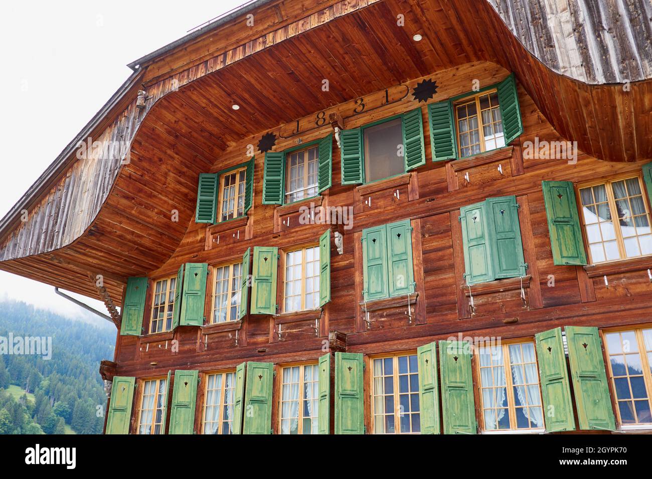 Closeup of a Swiss chalet - Simmental, Berner Oberland, Switzerland Stock Photo