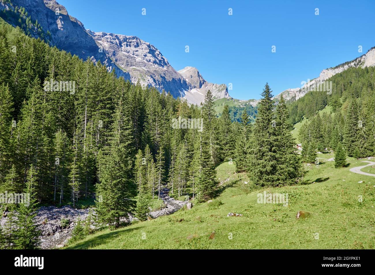 Typical Swiss mountain landscape at Iffigenalp above Lenk in Switzerland Stock Photo