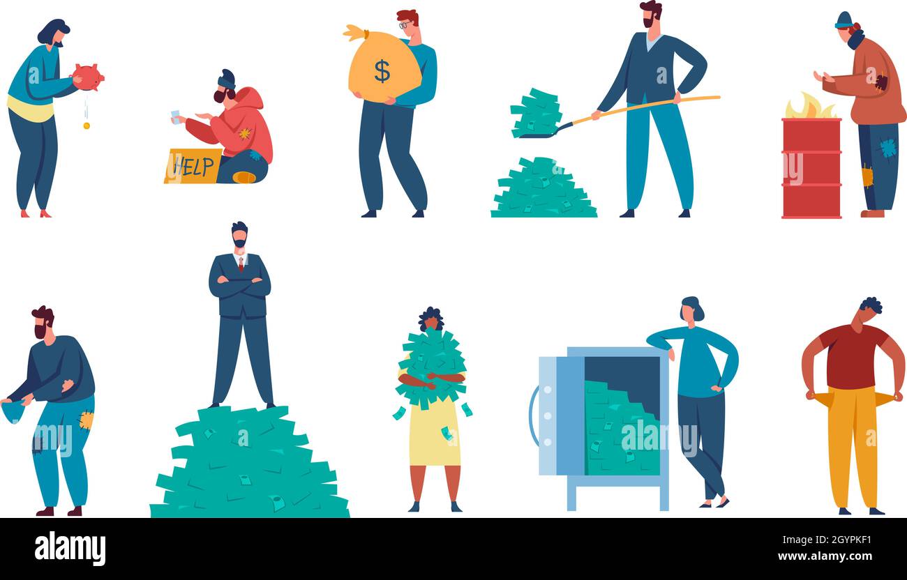Rich and poor people, billionaire and homeless beggar character. Finance inequality, poverty, different social class characters vector set. Financial gap, big and low income or profit Stock Vector