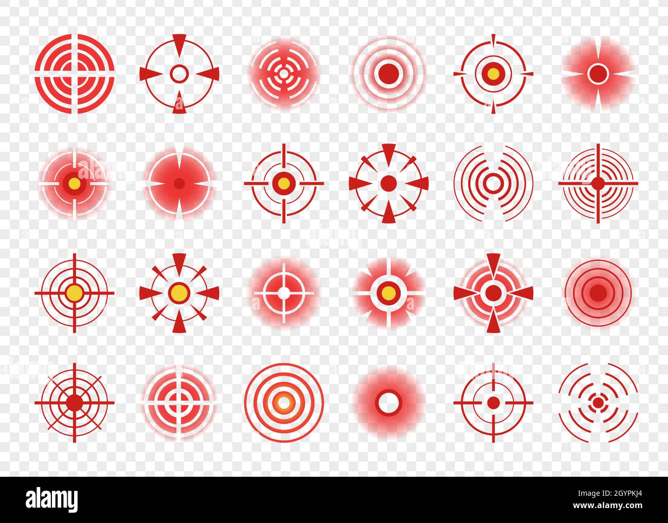 Red circle pain icon, body pains target marks or spots. Painful muscles