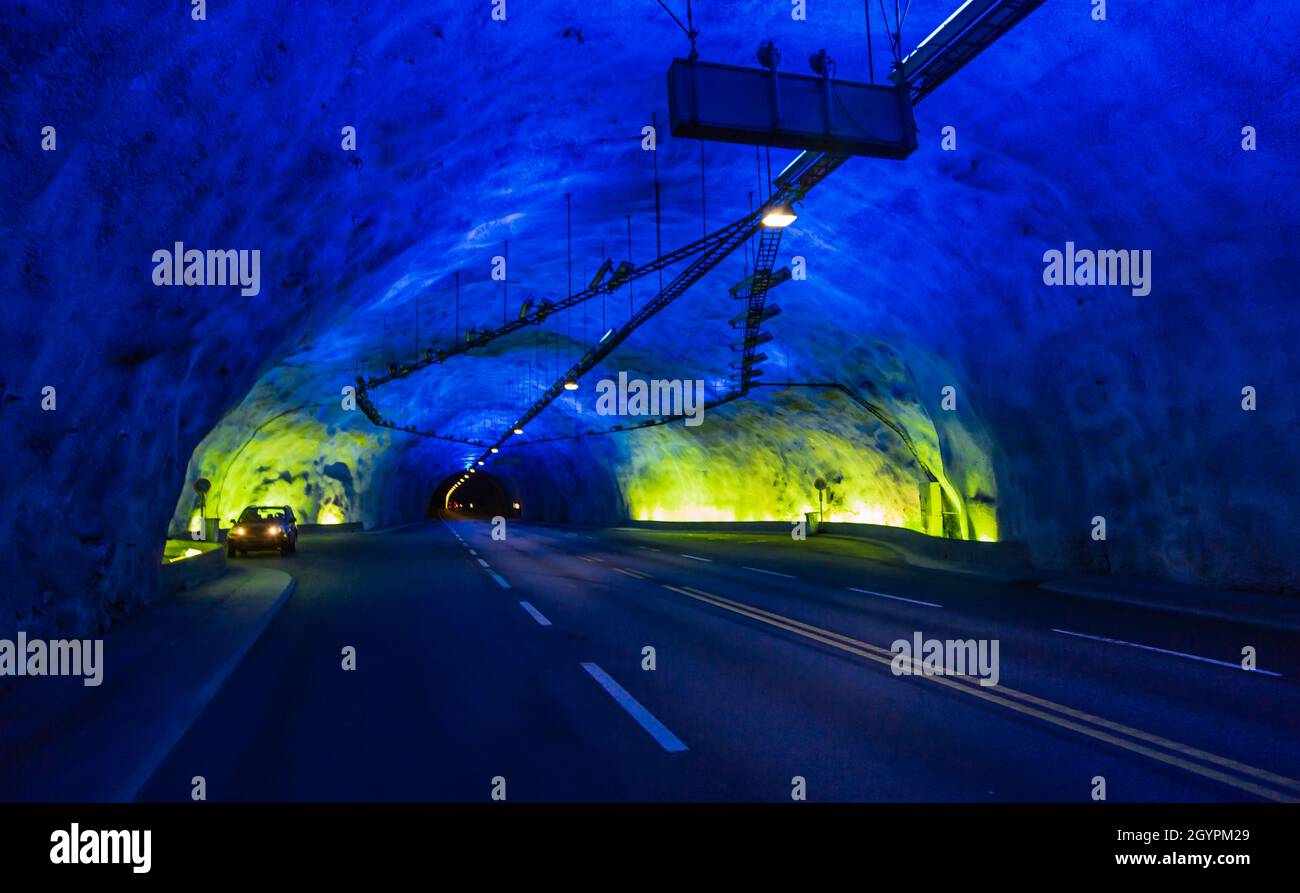 Aurland, Laerdal, Vestland, Norway- August 4, 2013; The Laerdal tunnel is 24.5 km long and has special lighting in the turn and the rest areas that ar Stock Photo