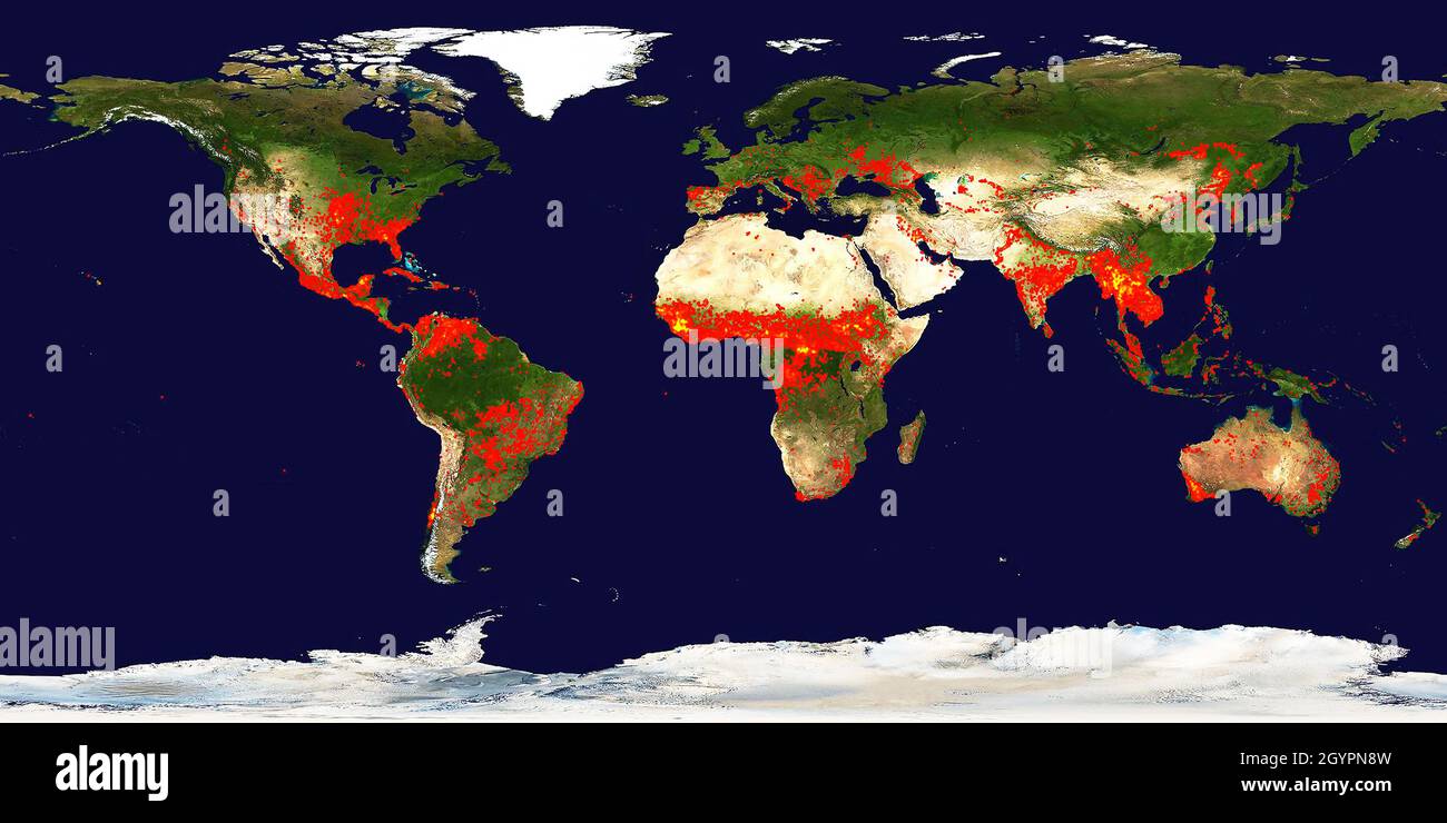 Fires places Earth map. View from outer space. Satellite panoramic image. Some elements of this image are furnished by NASA Stock Photo