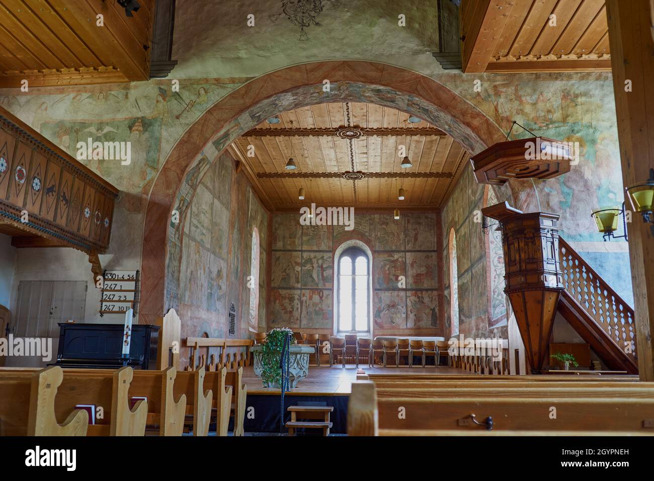 Interior of the medieval church in Saanen, Bernese Oberland, Switzerland Stock Photo