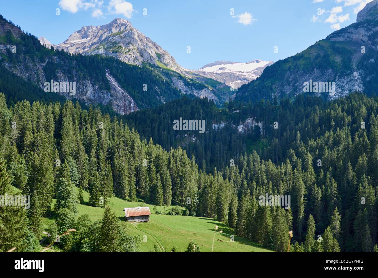Swiss mountain landscape near Lake Lauenen, Gstaad Stock Photo
