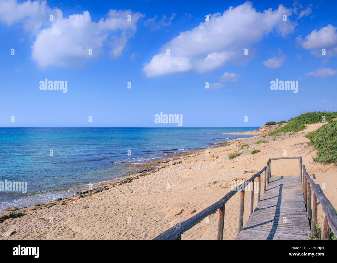 The most beautiful beaches of Italy: Campomarino dune park in Apulia, Italy.The protected area extends along the entire coast of the town of Maruggio. Stock Photo