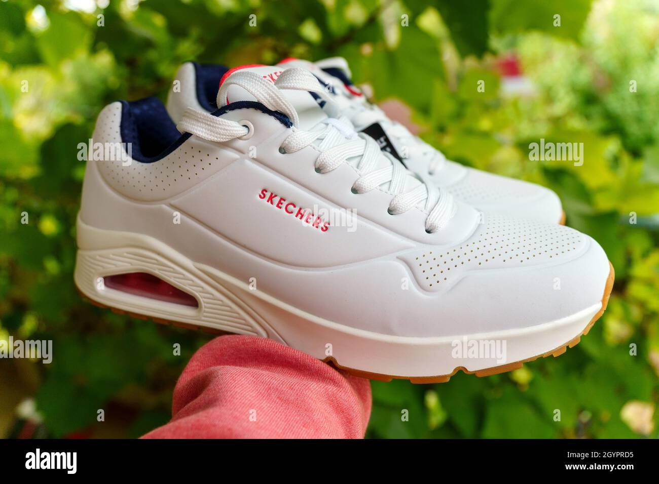 Volzhsky, Russia-September 26, 2021: New men sneakers white shoe los angeles  by Skechers. Selective focus Stock Photo - Alamy