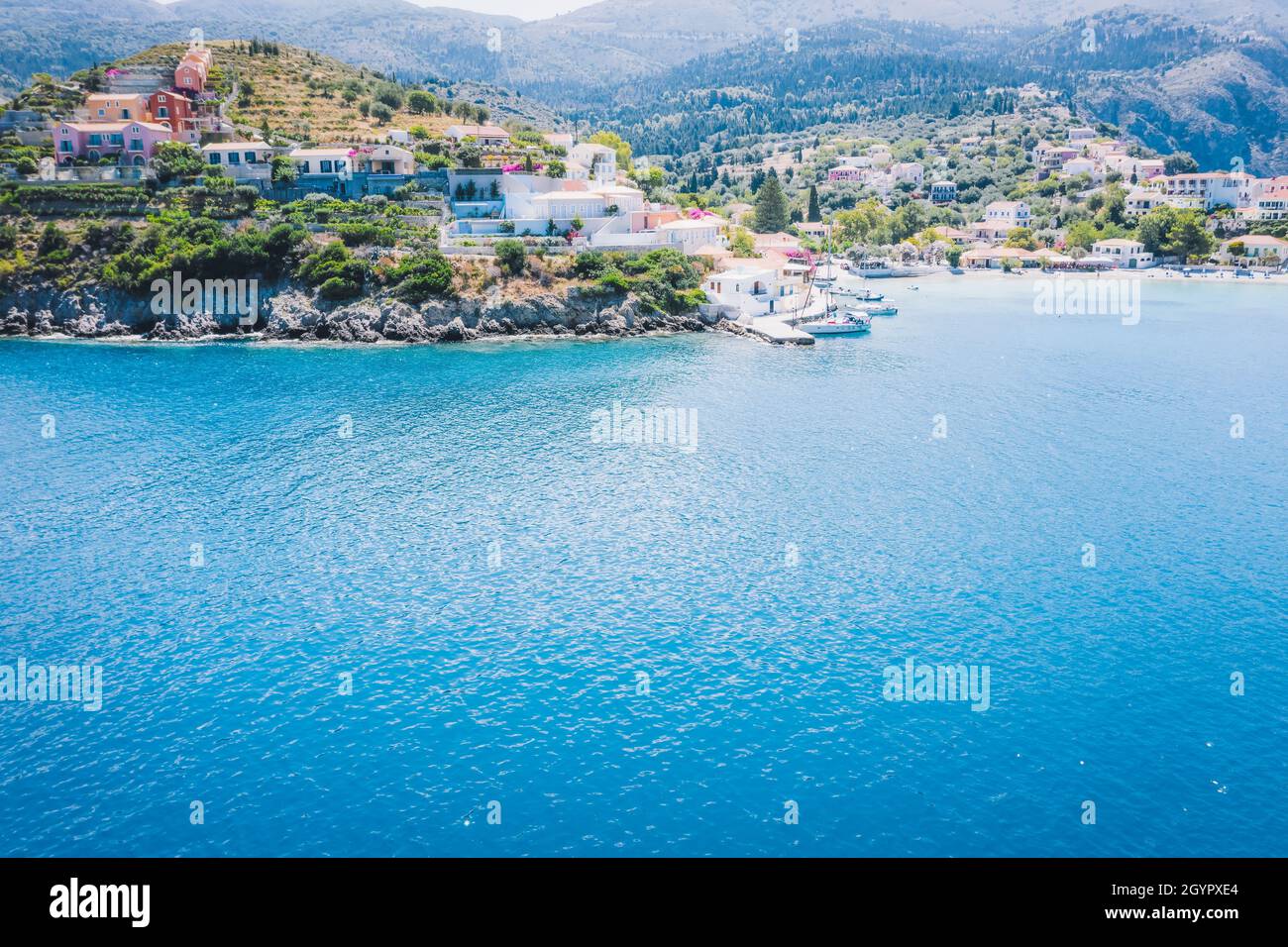 Aerial panoramic view of Assos village of Cefalonia island, Greece. Travel summer vocation concept Stock Photo