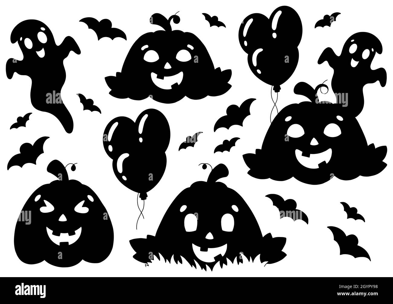 Set of elements for Halloween pumpkins, ghosts, bats. Black silhouette ...