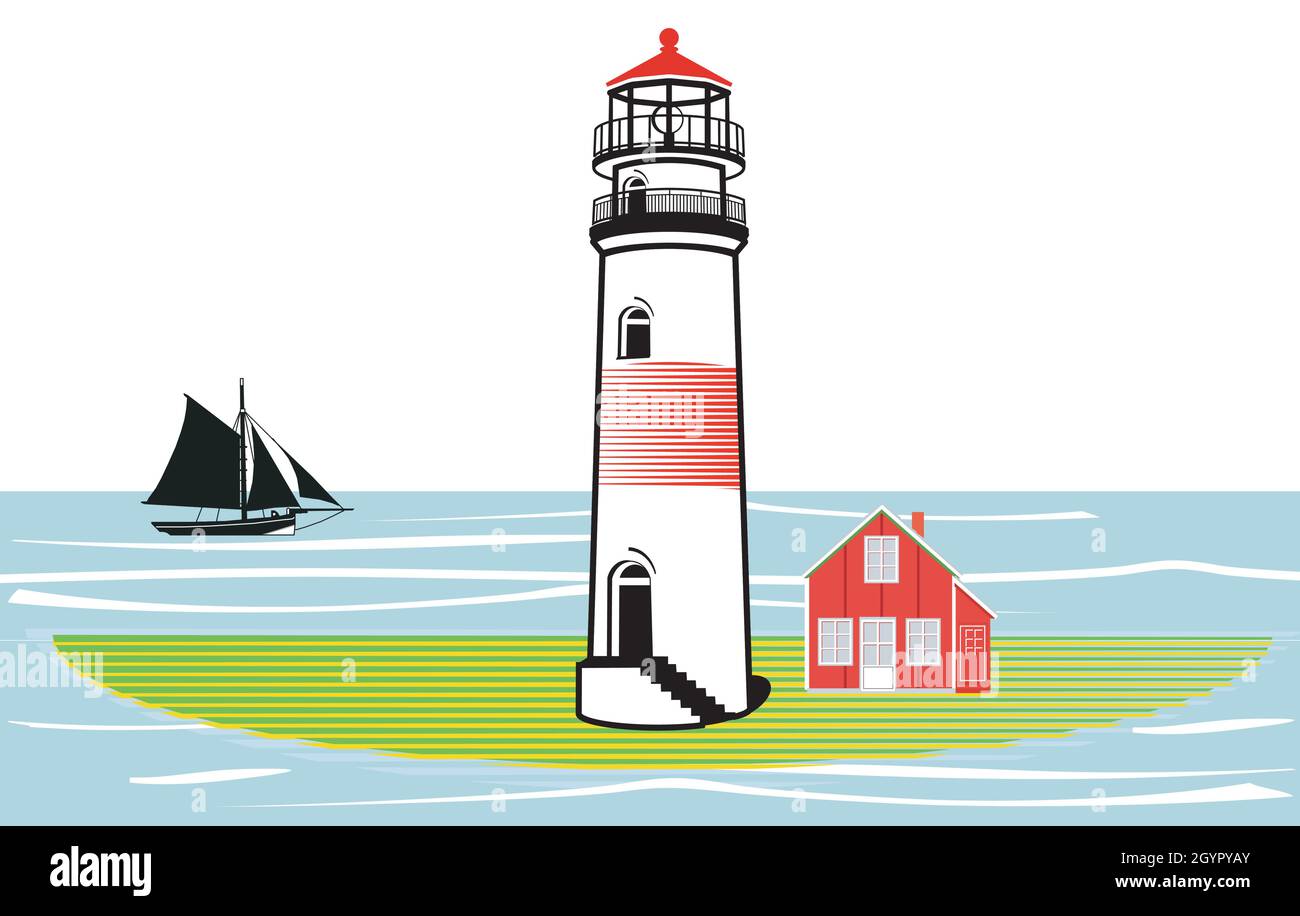 Lighthouse on an island and sailing ship illustration Stock Vector