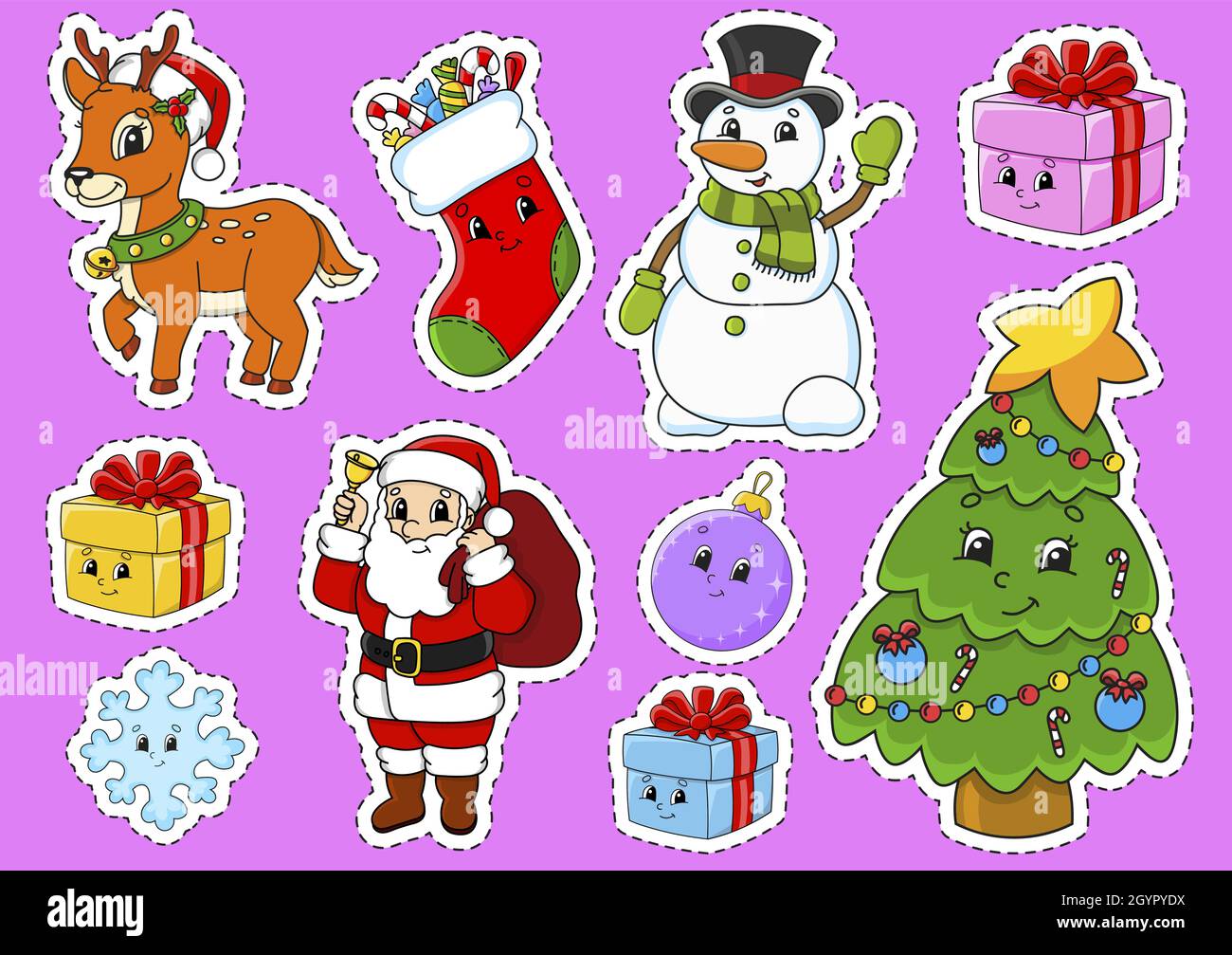 Set of stickers with cute cartoon characters. Christmas theme. Hand drawn. Colorful pack. Vector
