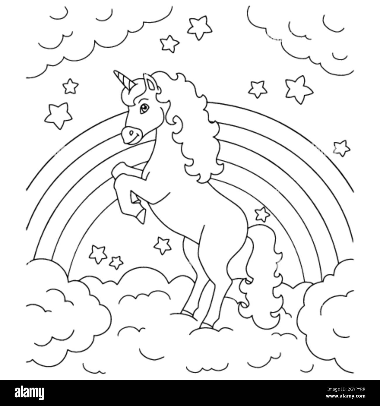 Unicorn on a cloud. Coloring book page for kids. Cartoon style character. Vector illustration isolated on white background. Stock Vector